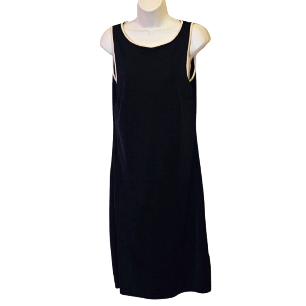 Ann Taylor Sleeveless Black with Beige Trim Midi Dress, Size 6